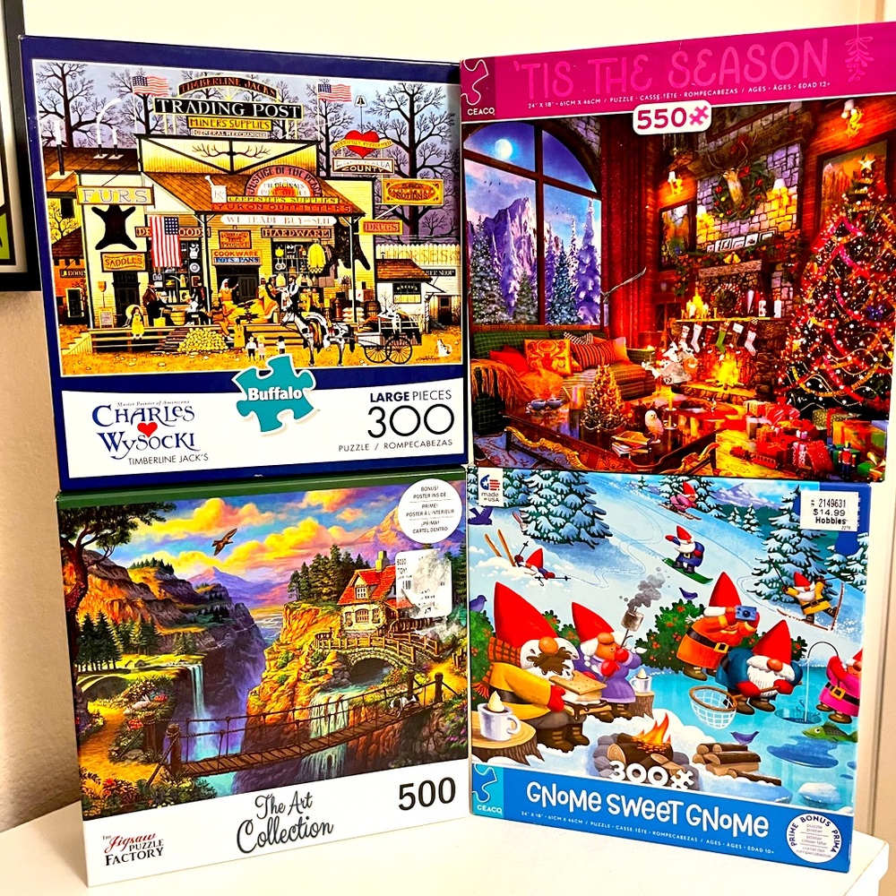Set of 4 jigsaw puzzles, bundle lot of four, Ceaco, Wysocki, Buffalo, 300-550 pc